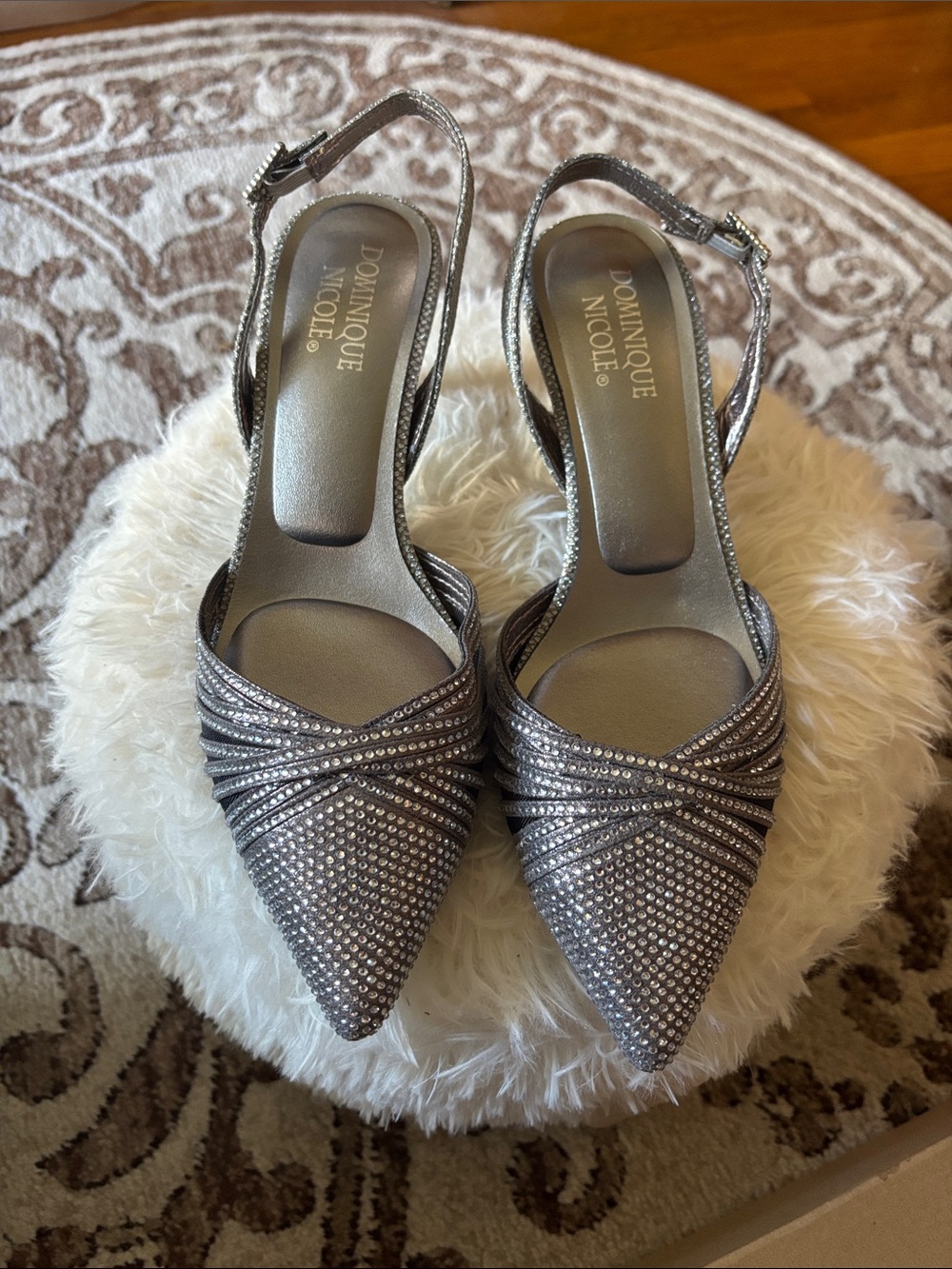 Dominique Silver Rhinestone Pointed-Toe Slingback Heels